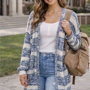 Cotton Emporium-M Blue and White Striped Open-Front Maxi Long Cardigan EUC